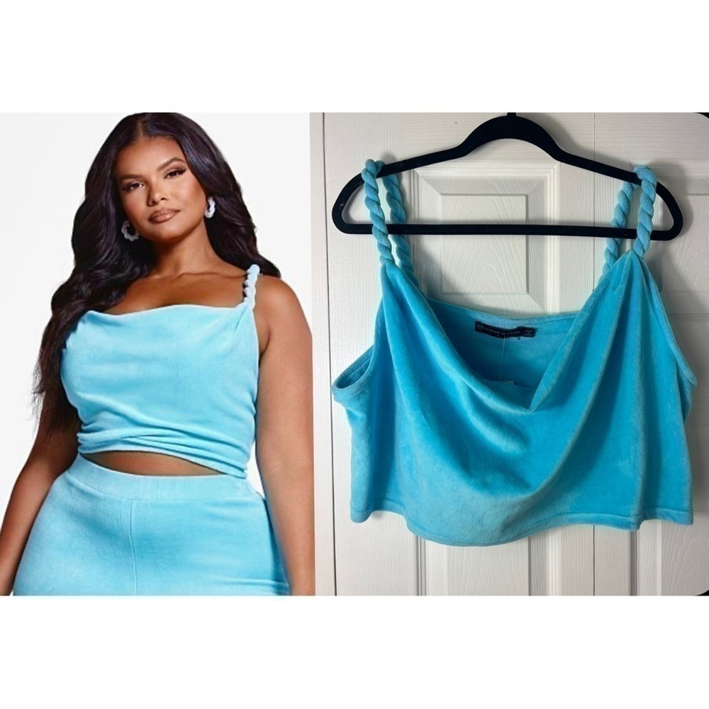 Fashion to Figure Aqua Blue Terry Cloth Cowl Neck Crop Tank Top Size 1X 14